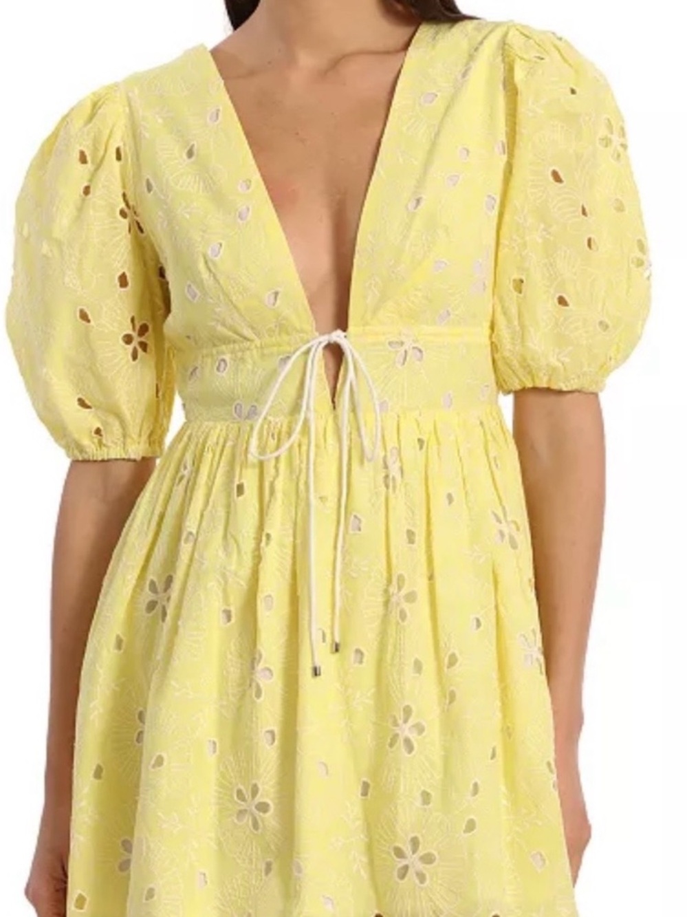 AVEC LES FILLES Yellow Eyelet Embroidered Open Back Puff Sleeve Size 2 Babydoll - Picture 4 of 16